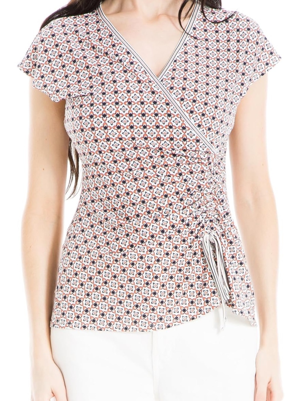 Max Studio Womens XL Geo Print Surplice V-Neck Side Ruched Drawstring Top